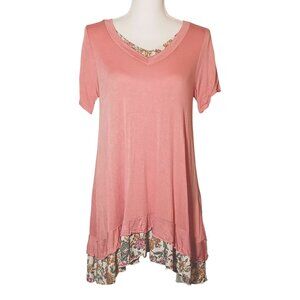 VTG VS Vision Floral Short Sleeve V-neck Asymetrical Tunic Top Ruffled Hem S‎